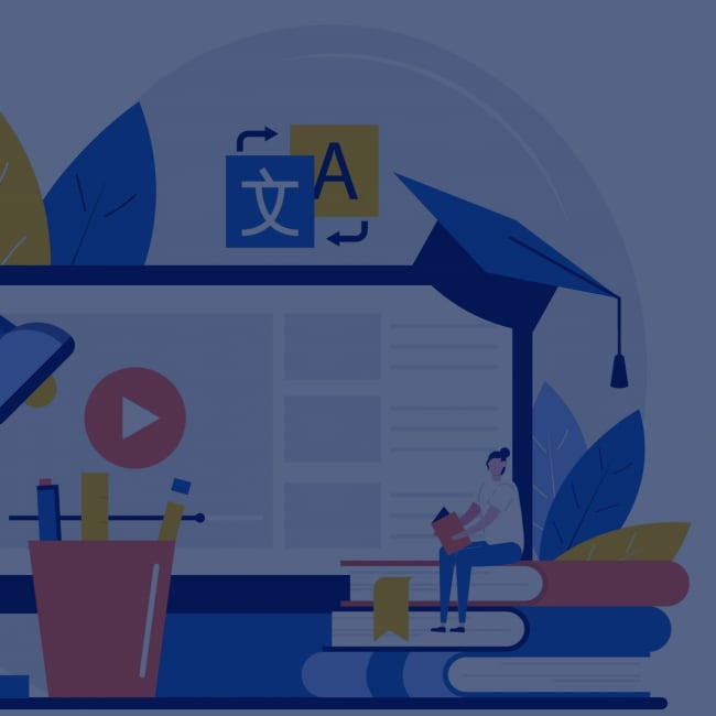 illustration of a desk with a desktop computer, lamp, pens, stack of books.  